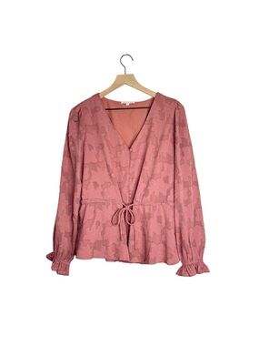 Skies Are Blue Blouse Womens Large Pink Floral Tie Front V Neck Long Sleeve